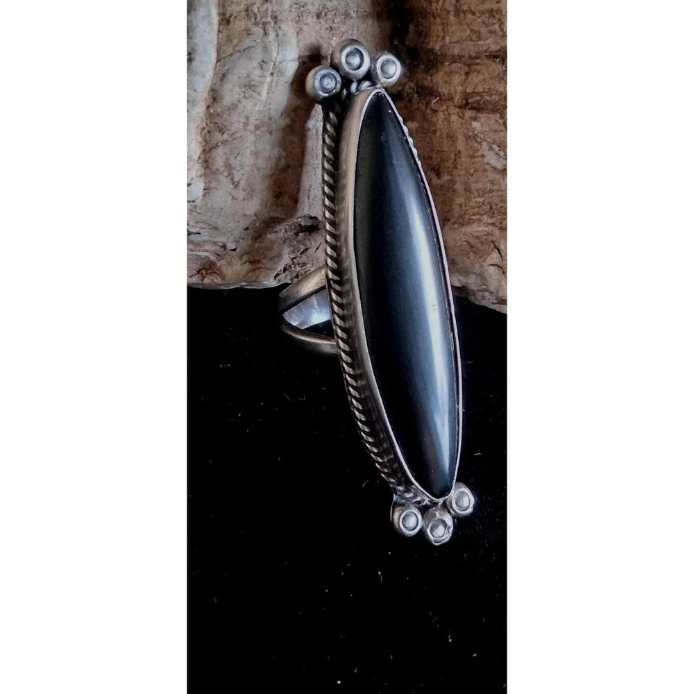Vintage Navajo Handcrafted Statement Onyx Ring size 6.5 sterling silver women's